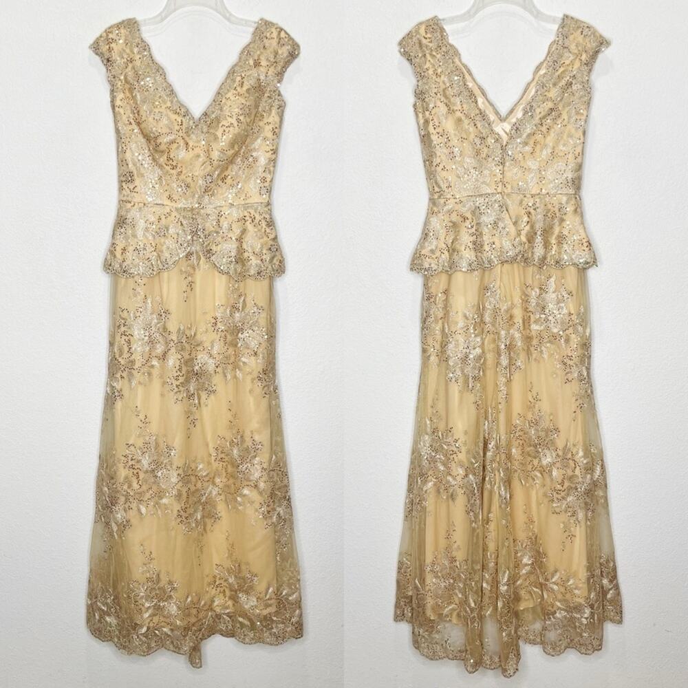 Montage Mon Cheri Peplum Sequin Gold Lace Gown Dress Mother of the Bride